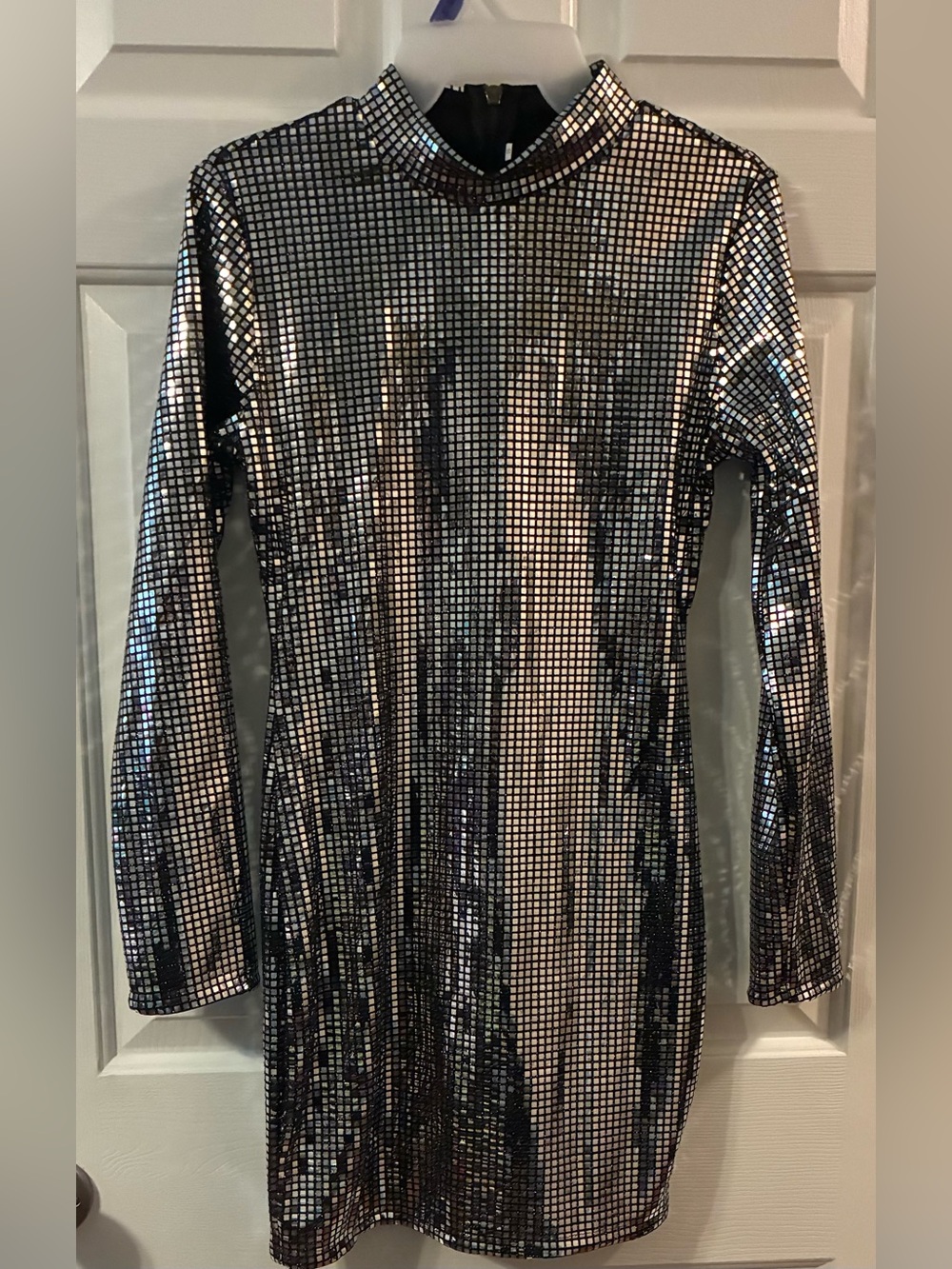 Silver Sequin Grid Long Sleeve Mini Dress